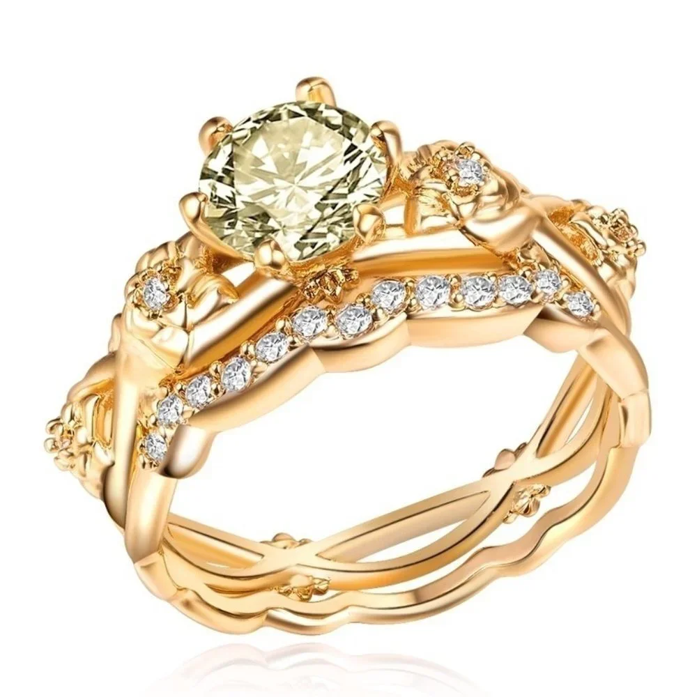 🍁 14k Gold Plated Olive Green CZ Wedding Ring for Women, FB16FA1126